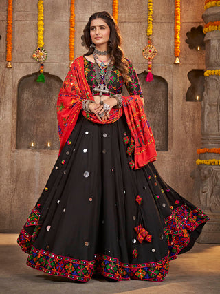 Myra Black Viscose Rayon and Cotton Embroidered with Print Designer Lehenga - Distacart