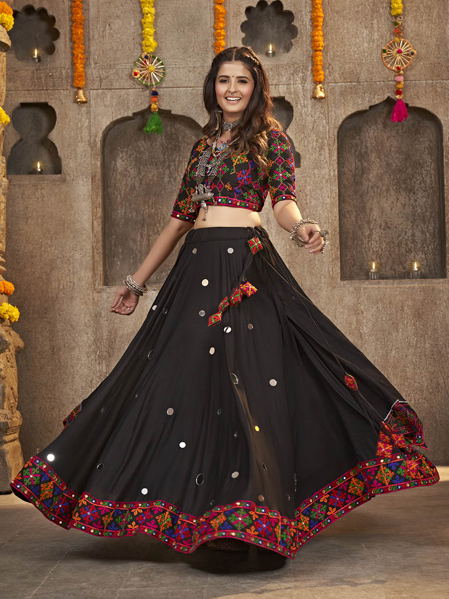Myra Black Viscose Rayon and Cotton Embroidered with Print Designer Lehenga - Distacart