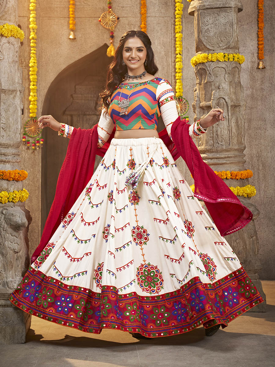 Myra Pearl White Viscose Rayon and Cotton Embroidered with Print Designer Lehenga - Distacart