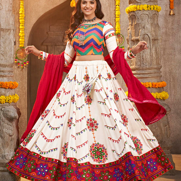 Myra Pearl White Viscose Rayon and Cotton Embroidered with Print Designer Lehenga - Distacart