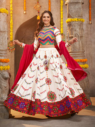Myra Pearl White Viscose Rayon and Cotton Embroidered with Print Designer Lehenga - Distacart