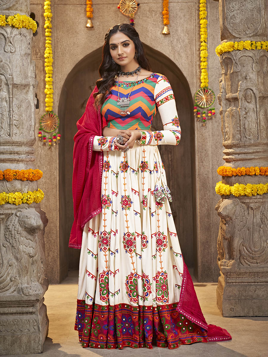 Myra Pearl White Viscose Rayon and Cotton Embroidered with Print Designer Lehenga - Distacart