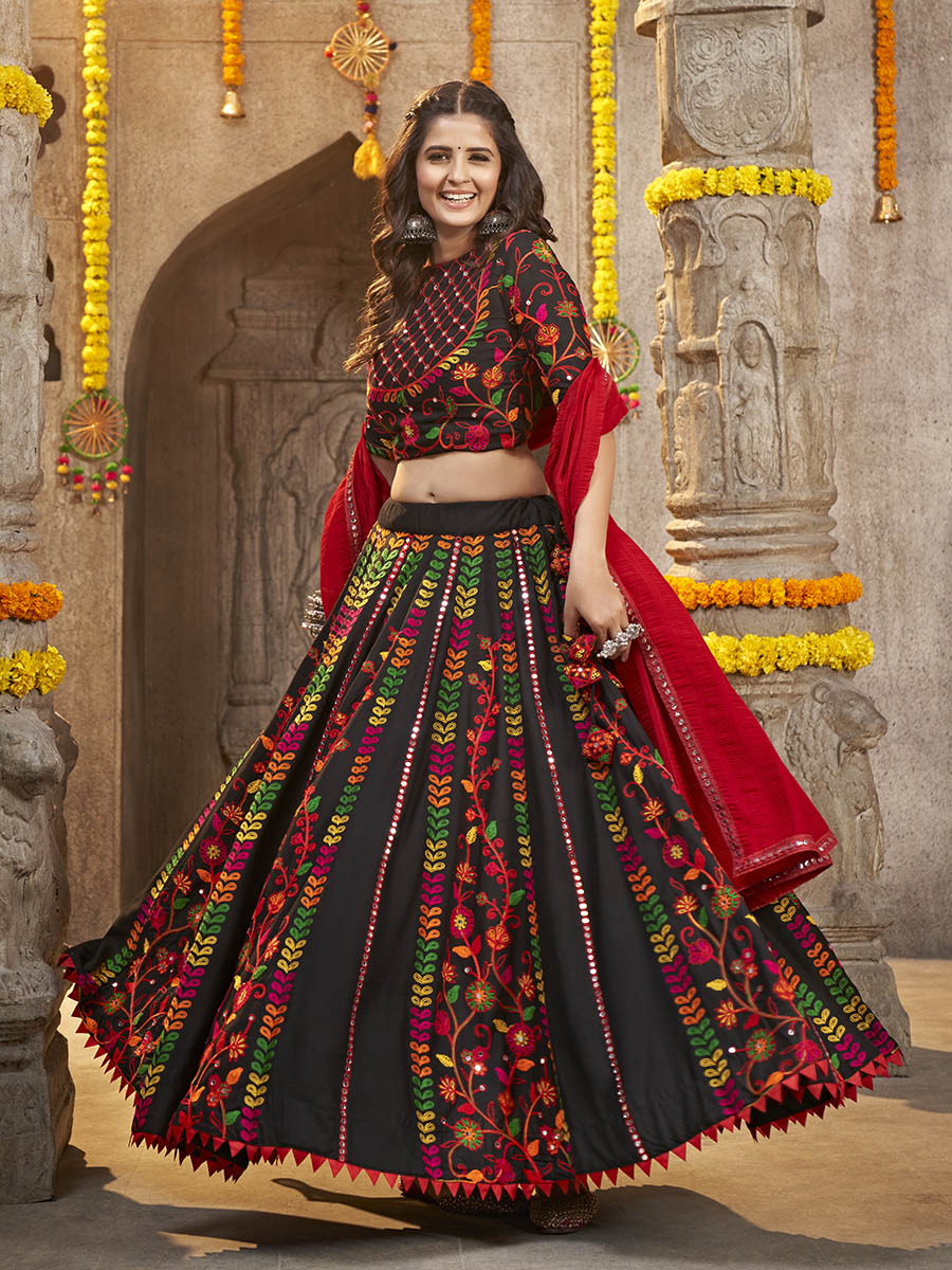 Myra Black Viscose Rayon and Cotton Embroidered with Print Designer Lehenga - Distacart