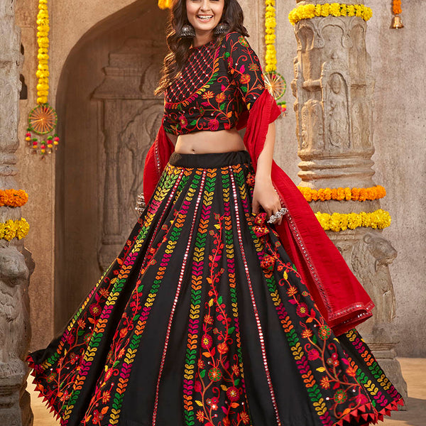 Myra Black Viscose Rayon and Cotton Embroidered with Print Designer Lehenga - Distacart