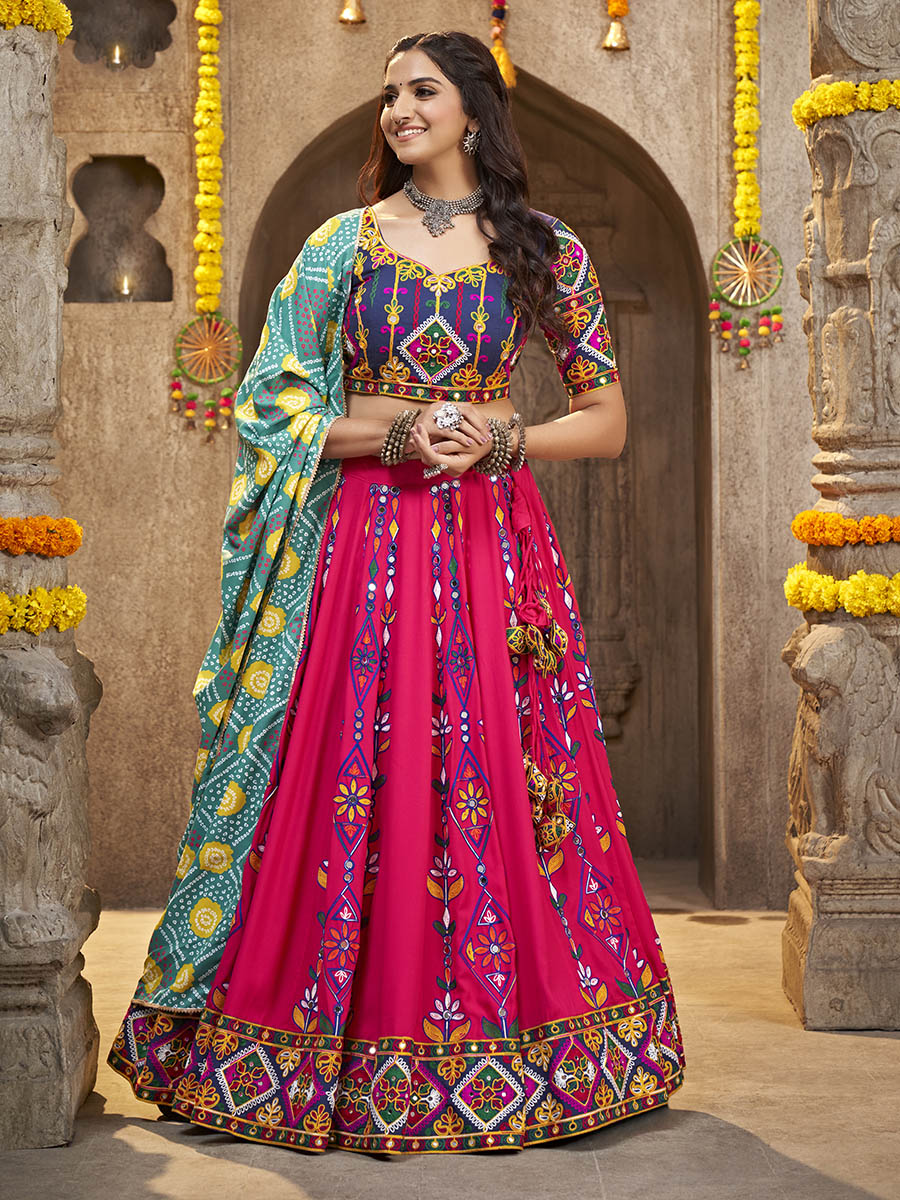 Myra Deep Pink Viscose Rayon and Cotton Embroidered with Print Designer Lehenga - Distacart