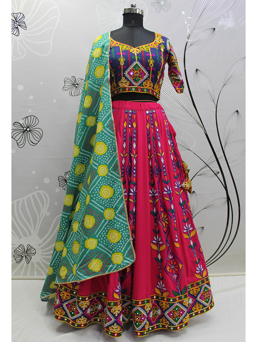 Myra Deep Pink Viscose Rayon and Cotton Embroidered with Print Designer Lehenga - Distacart