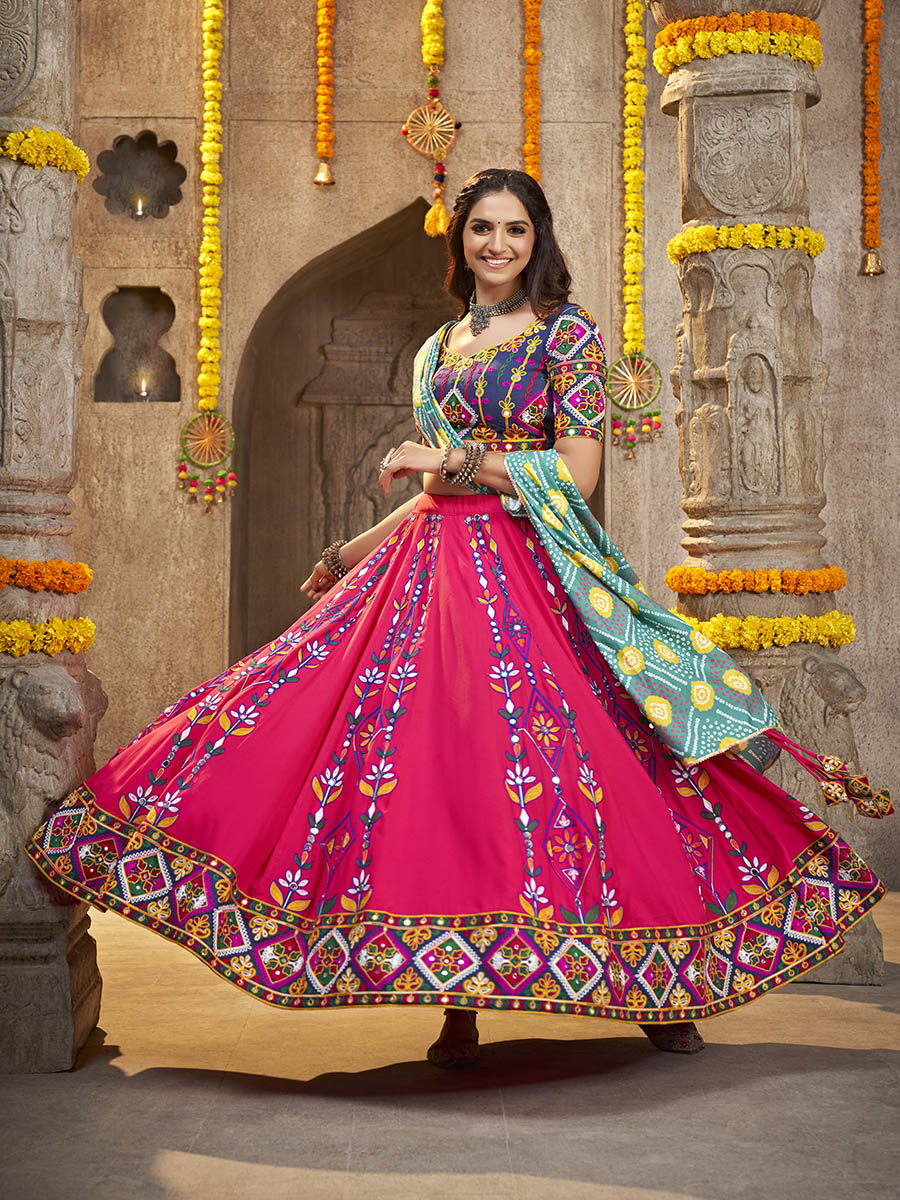 Myra Deep Pink Viscose Rayon and Cotton Embroidered with Print Designer Lehenga - Distacart