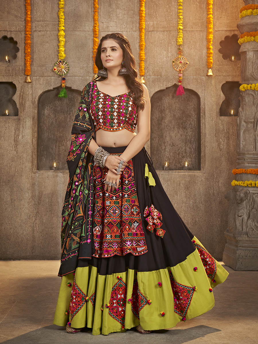 Myra Black Viscose Rayon and Cotton Embroidered with Print Designer Lehenga - Distacart