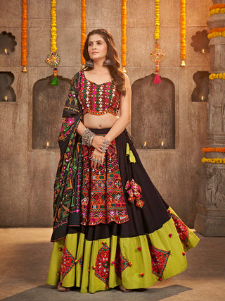 Myra Black Viscose Rayon and Cotton Embroidered with Print Designer Lehenga - Distacart