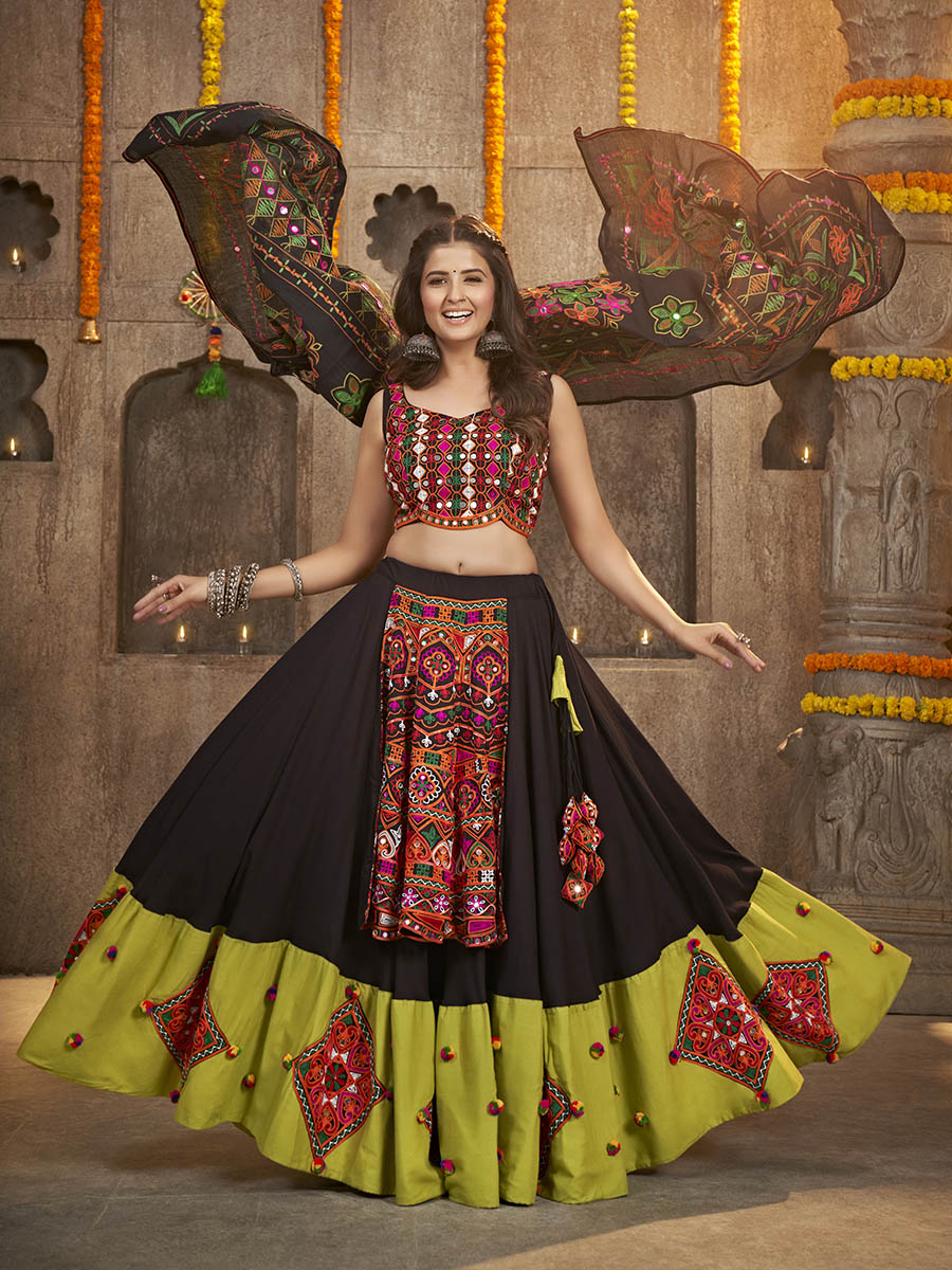 Myra Black Viscose Rayon and Cotton Embroidered with Print Designer Lehenga - Distacart