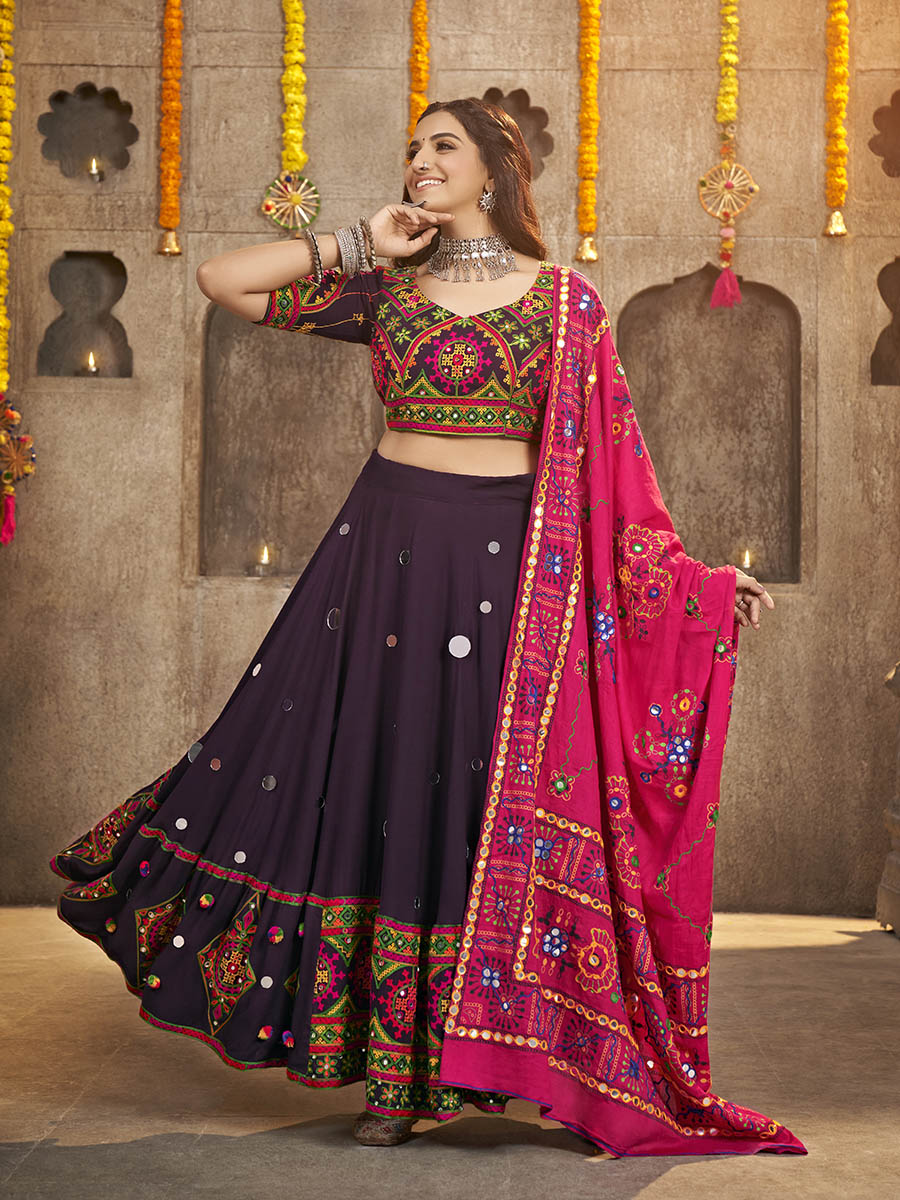 Myra Purple Viscose Rayon and Cotton Embroidered with Print Designer Lehenga - Distacart