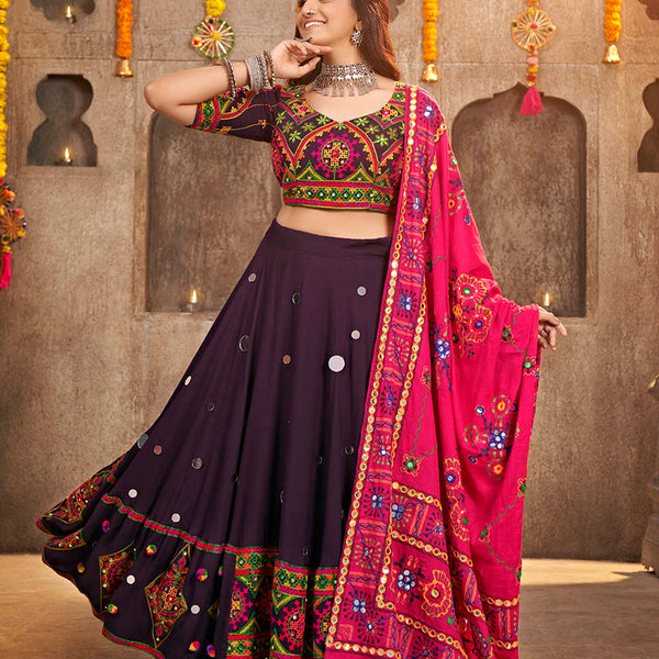 Myra Purple Viscose Rayon and Cotton Embroidered with Print Designer Lehenga - Distacart