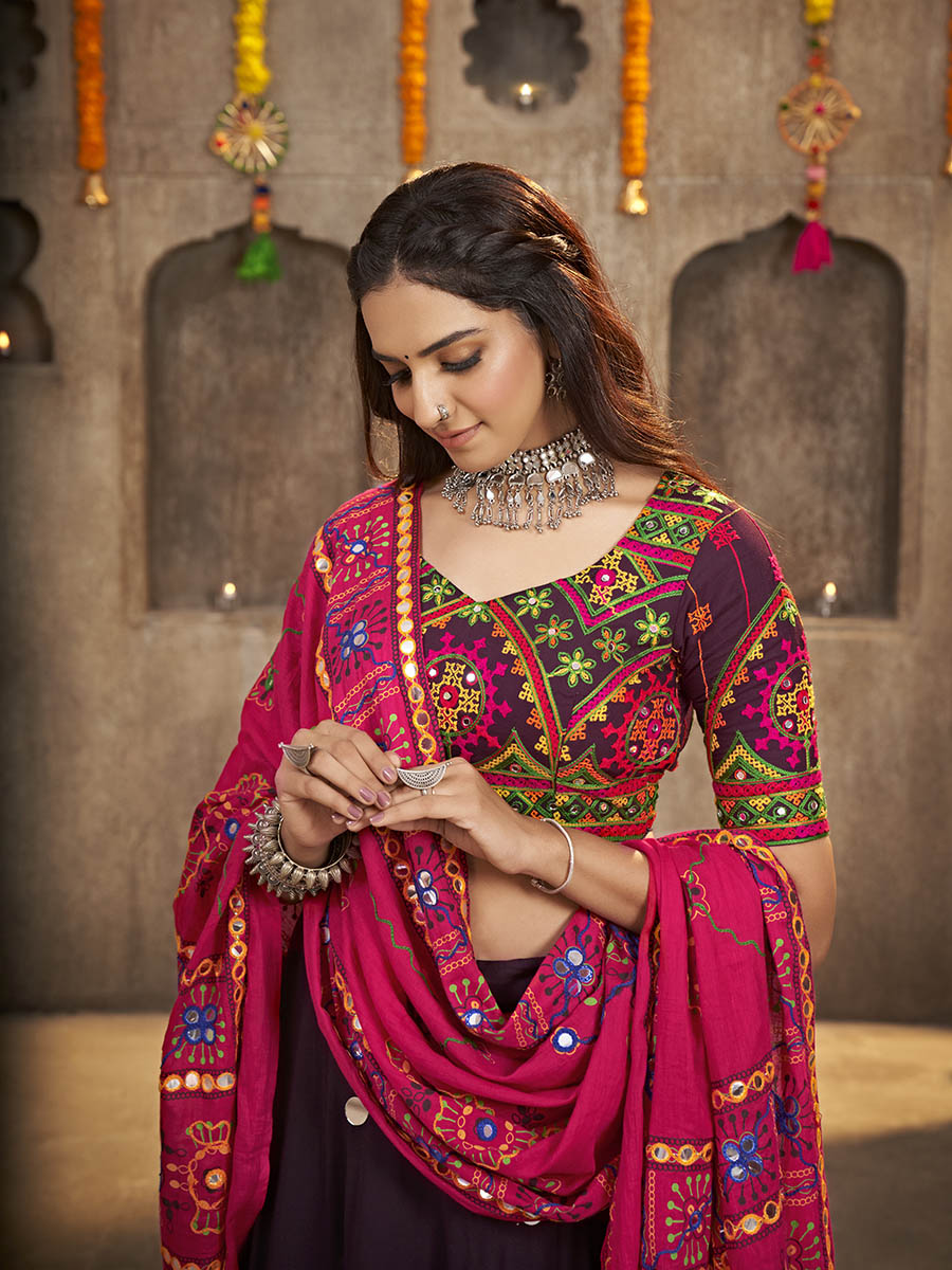 Myra Purple Viscose Rayon and Cotton Embroidered with Print Designer Lehenga - Distacart