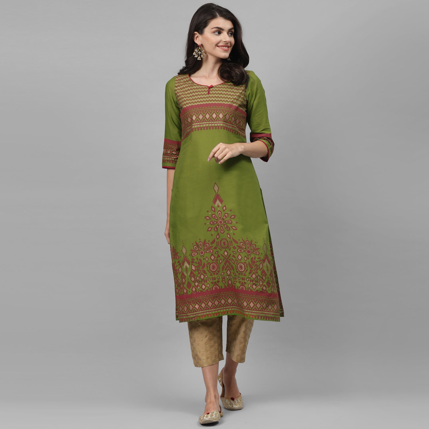 Maai Rayon Hand Printed Kurta Green - Distacart