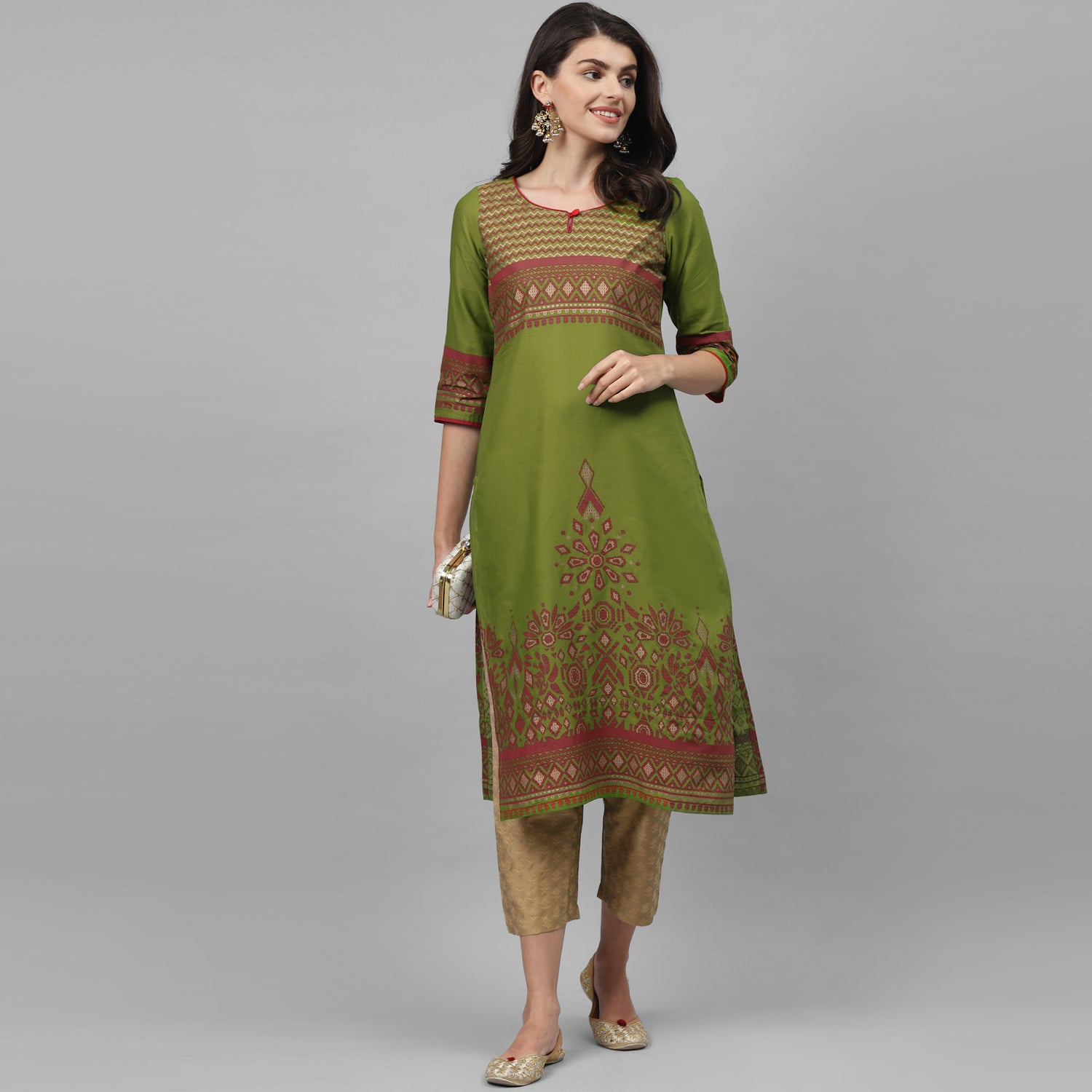 Maai Rayon Hand Printed Kurta Green - Distacart