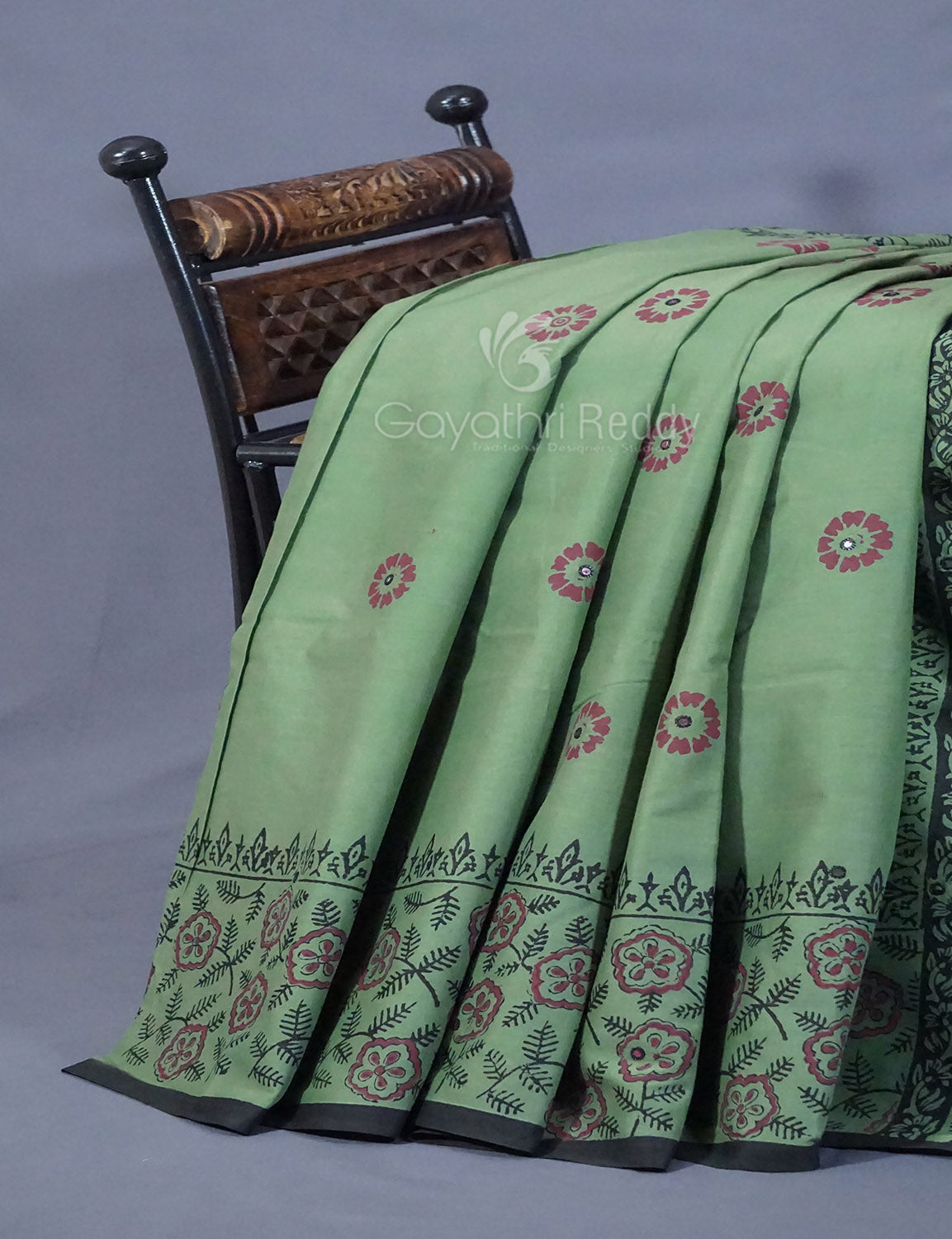 Pista Mix Colour Block Print With Mirron Embroidered Pure Mulmul Cotton Saree By Gayathri Reddy Designer Studio - Distacart