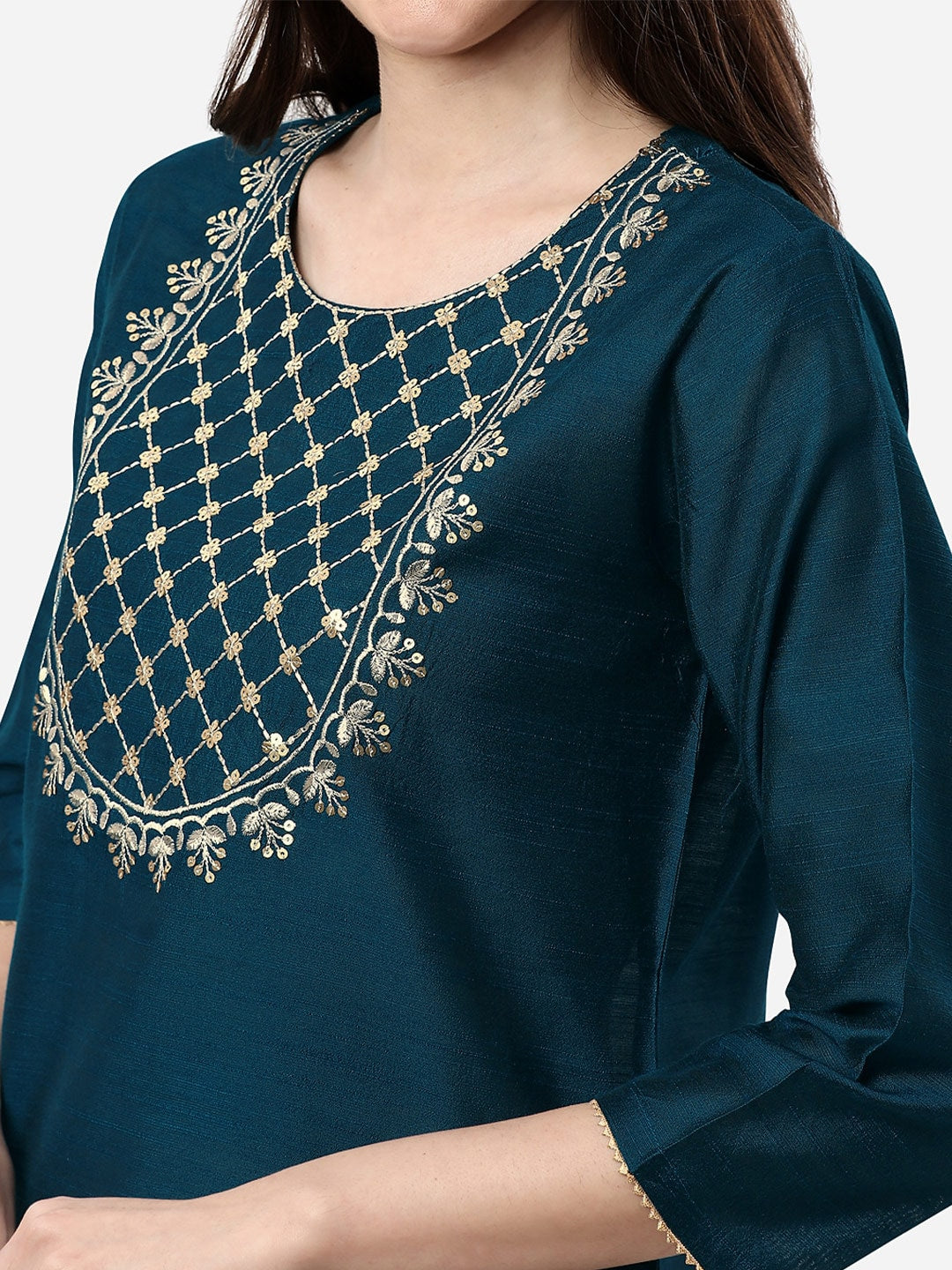 HERE&NOW Women Teal Ethnic Motifs Embroidered Kurta - Distacart