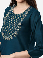 Thumbnail for HERE&NOW Women Teal Ethnic Motifs Embroidered Kurta - Distacart