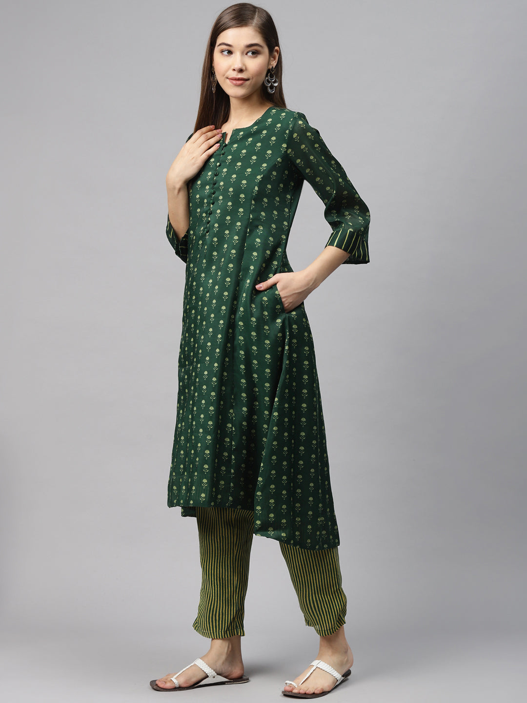 Biba Women Green Printed Kurta with Trousers - Distacart