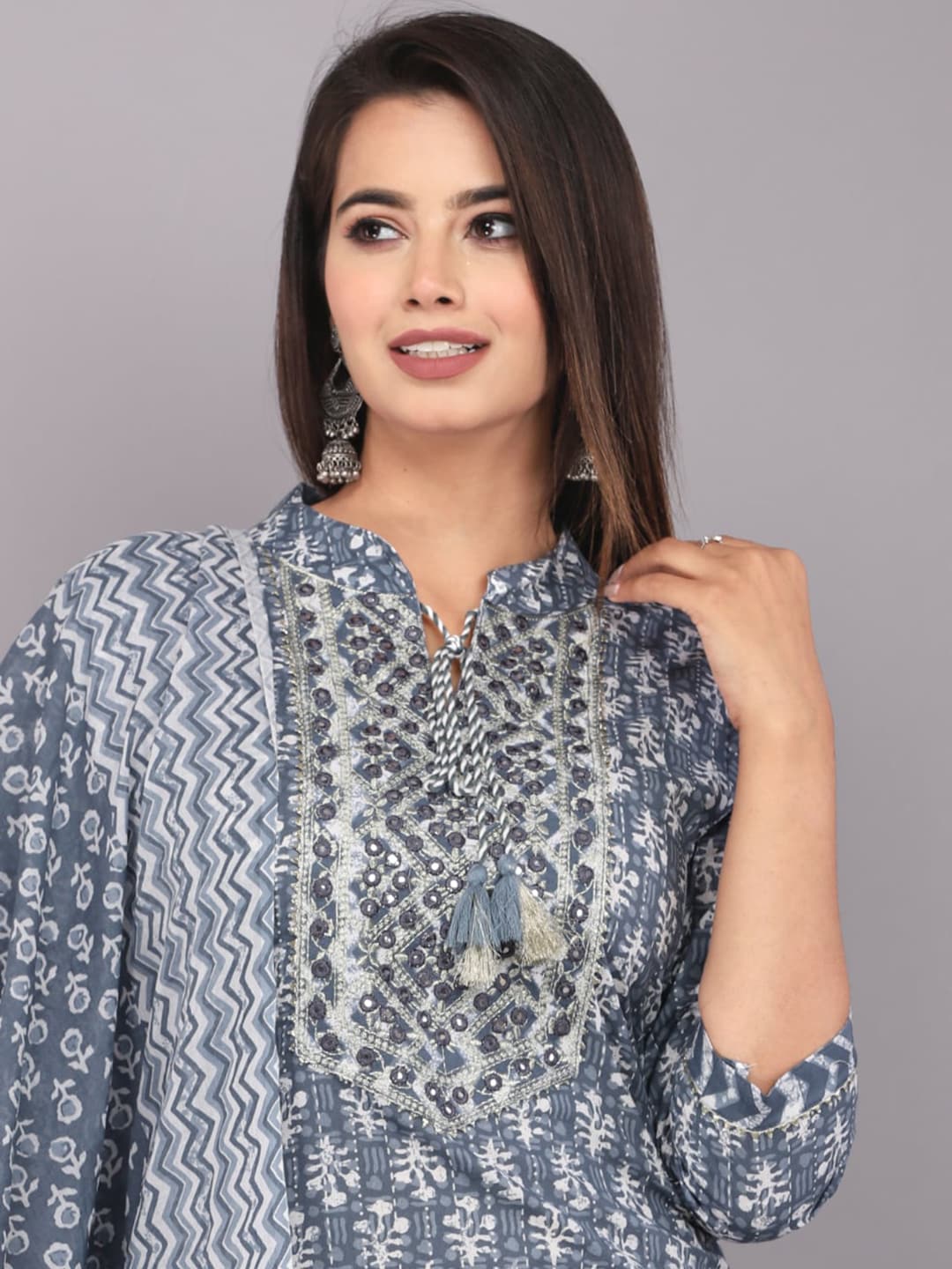 Kalini Floral Printed Mirror Work Detail Pure Cotton Kurta with Trousers & Dupatta - Distacart