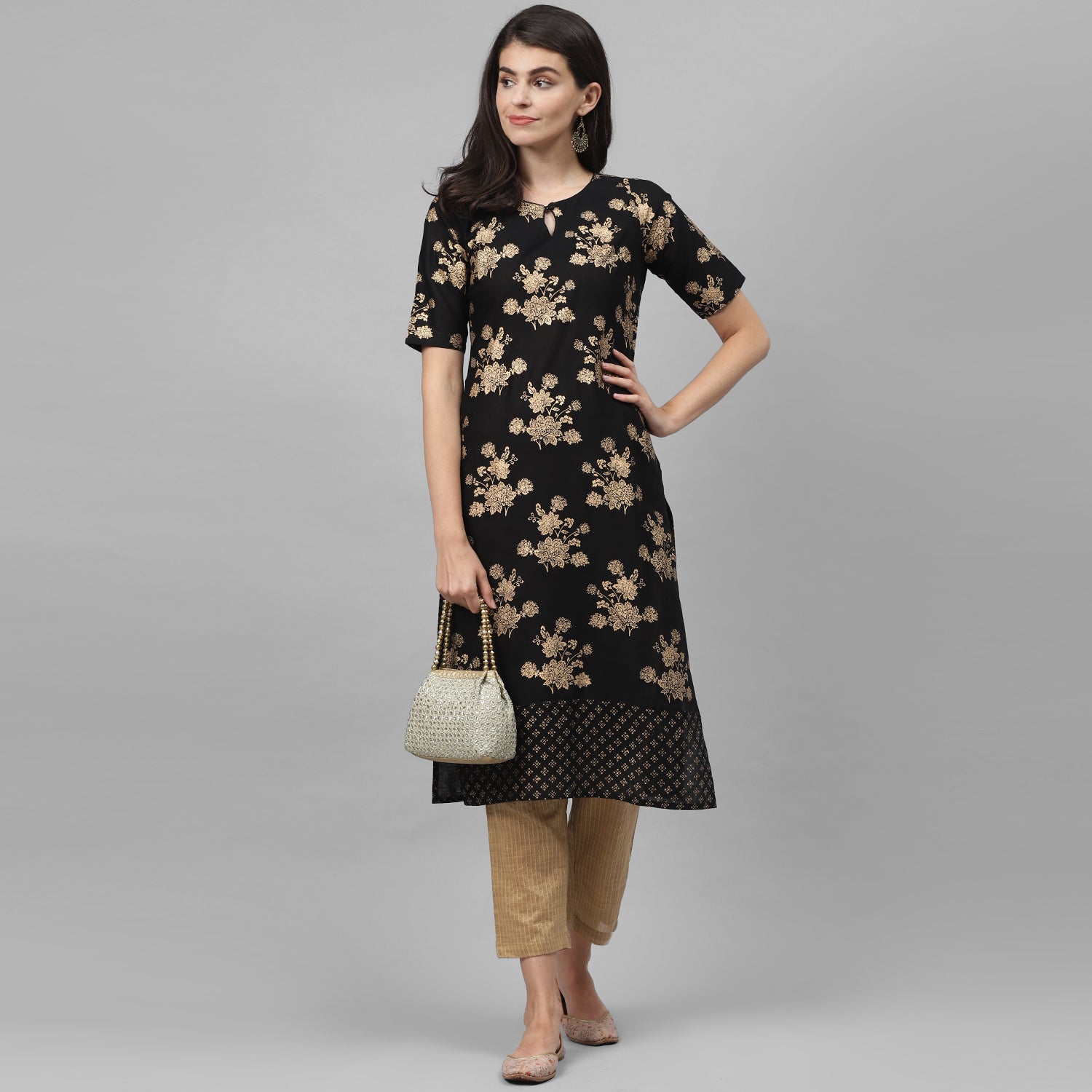Maai Rayon Hand Printed Kurta Black - Distacart
