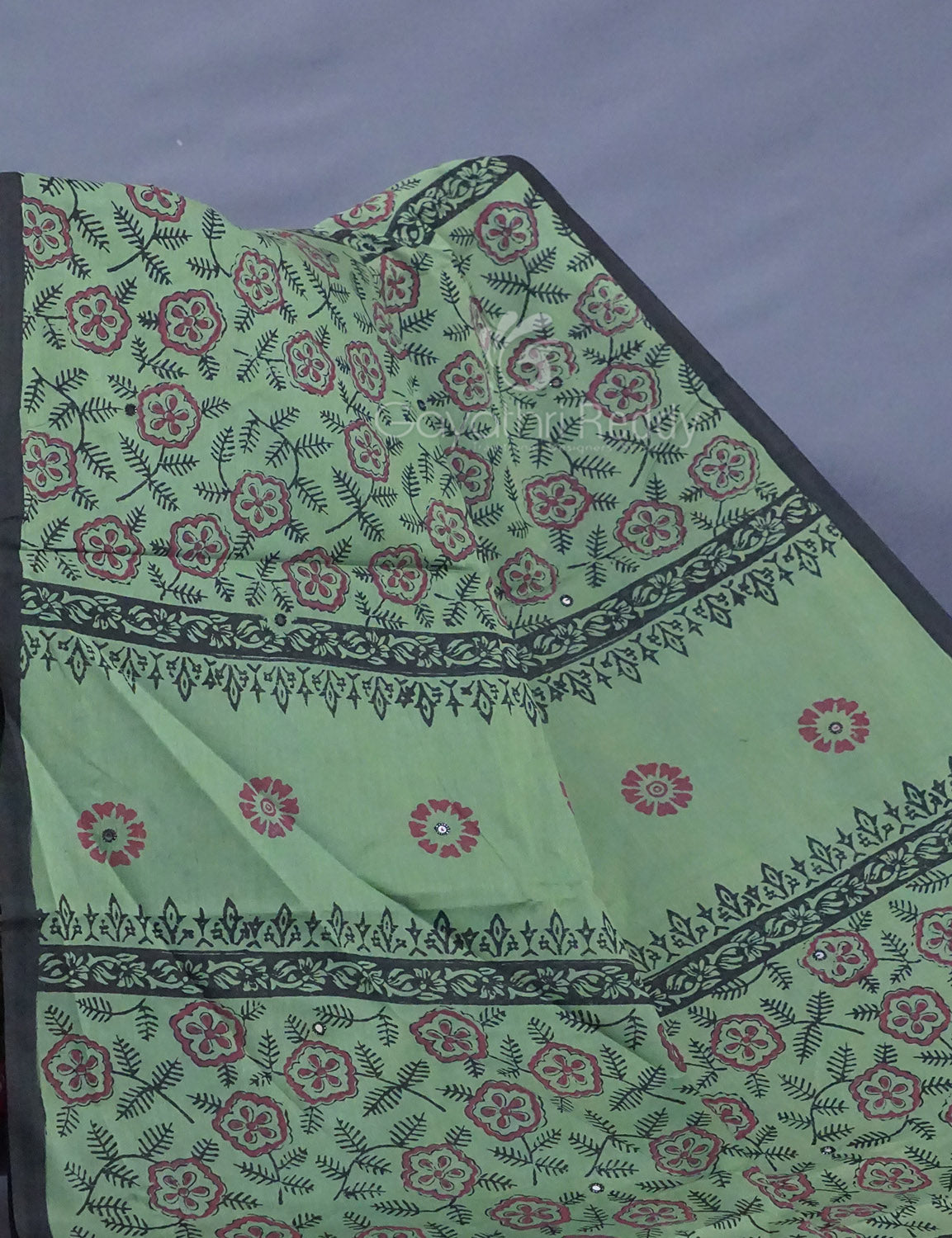 Pista Mix Colour Block Print With Mirron Embroidered Pure Mulmul Cotton Saree By Gayathri Reddy Designer Studio - Distacart