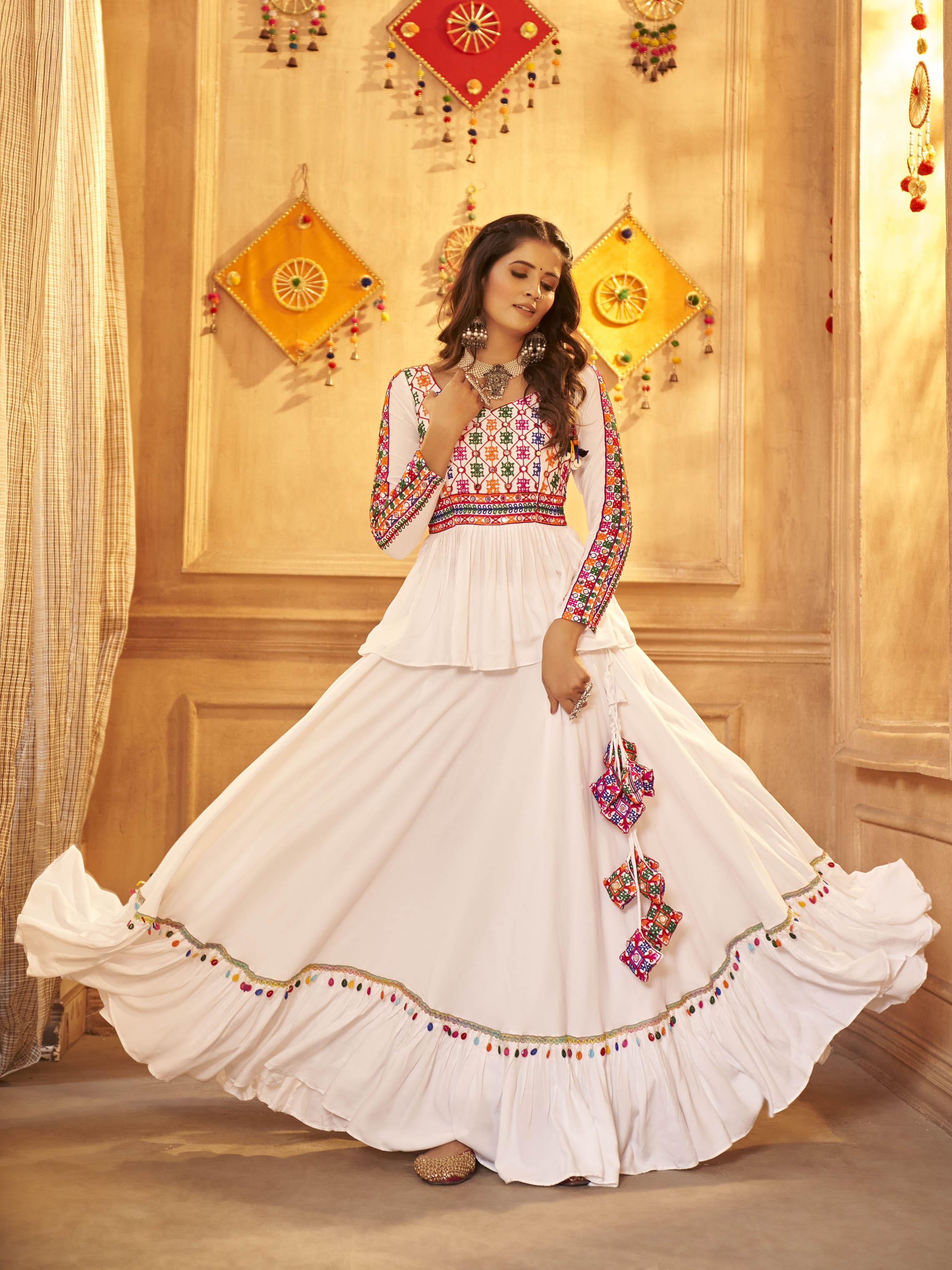 Myra White Viscose Rayon Embroidered Designer Navratri Special Lehenga - Distacart