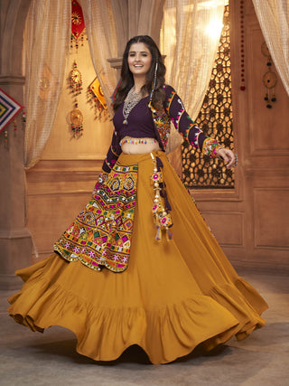 Myra Mustard Yellow Koti Style Viscose Rayon Embroidered Designer Navratri Special Lehenga - Distacart