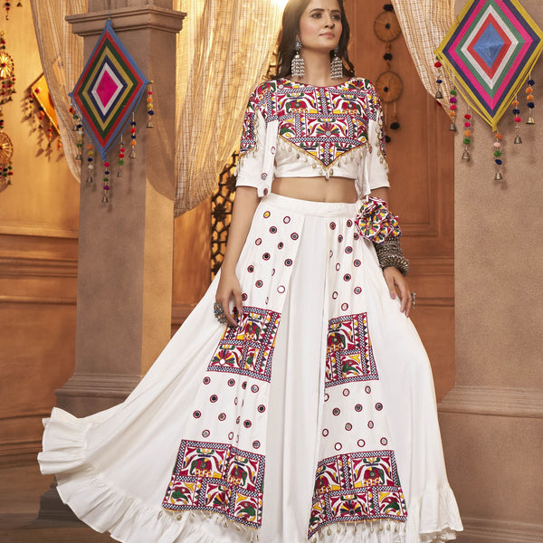 Myra White Koti Style Viscose Rayon Embroidered Designer Navratri Special Lehenga - Distacart