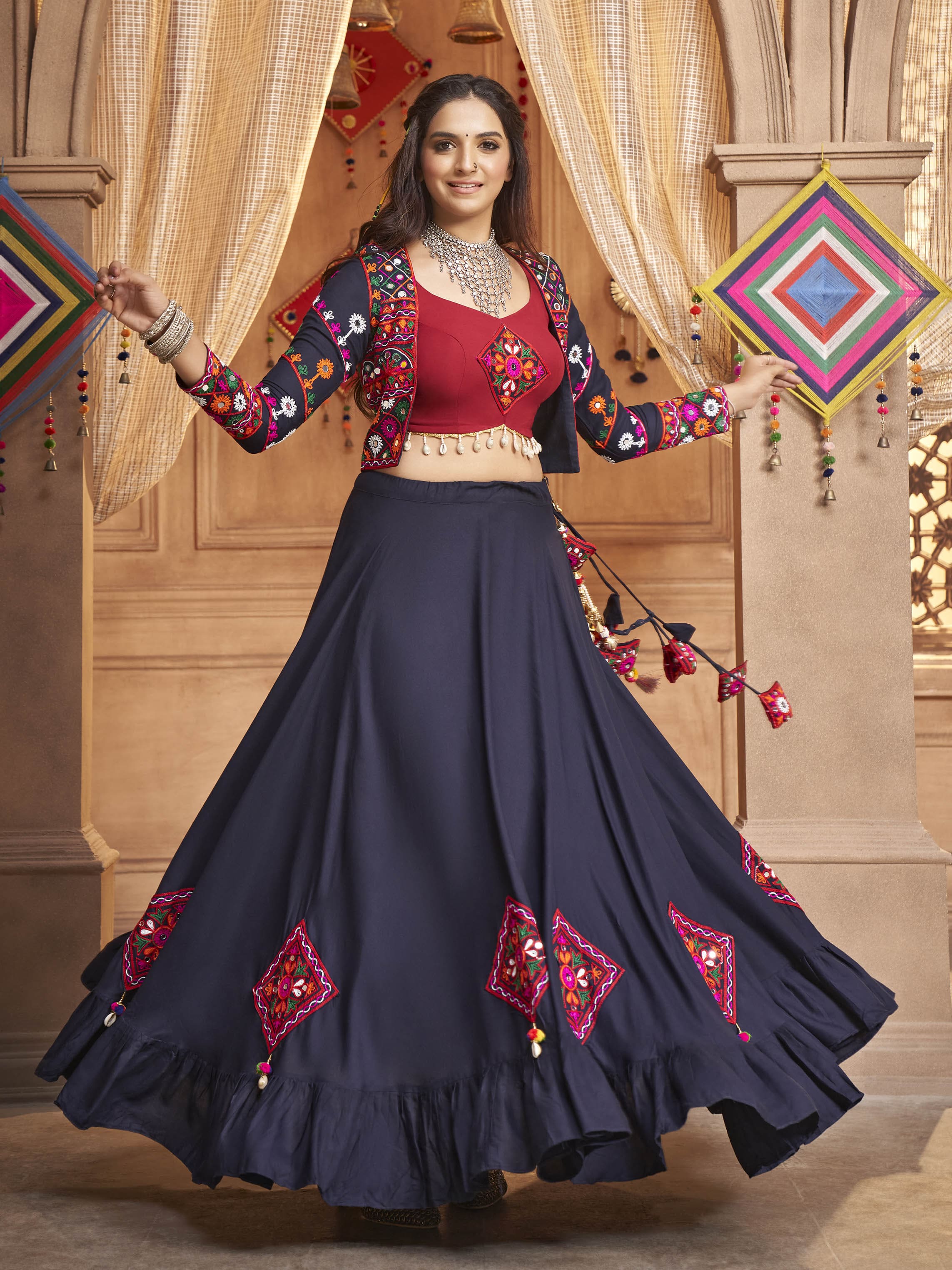 Myra Navy Blue Koti Style Viscose Rayon Embroidered Designer Navratri Special Lehenga - Distacart