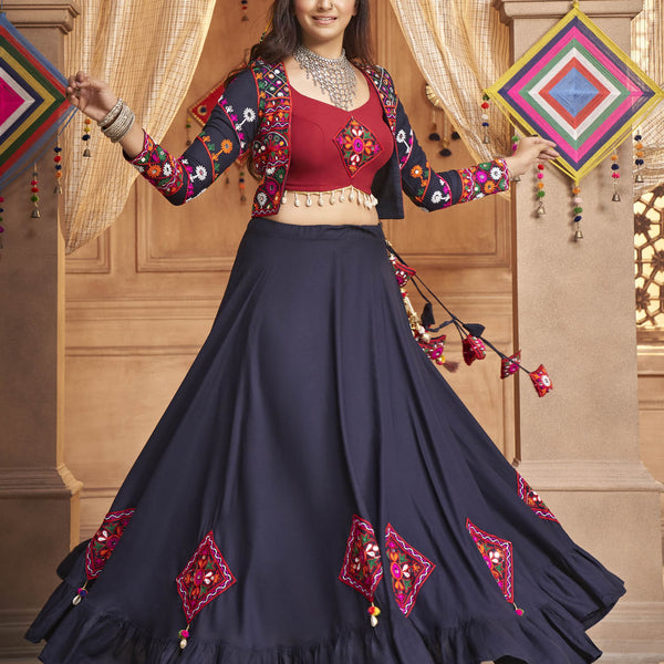 Myra Navy Blue Koti Style Viscose Rayon Embroidered Designer Navratri Special Lehenga - Distacart