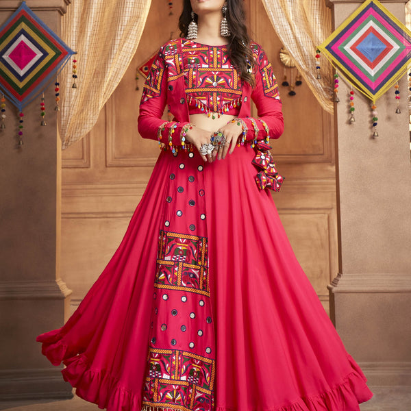 Myra Rani and Pink Koti Style Viscose Rayon Embroidered Designer Navratri Special Lehenga - Distacart
