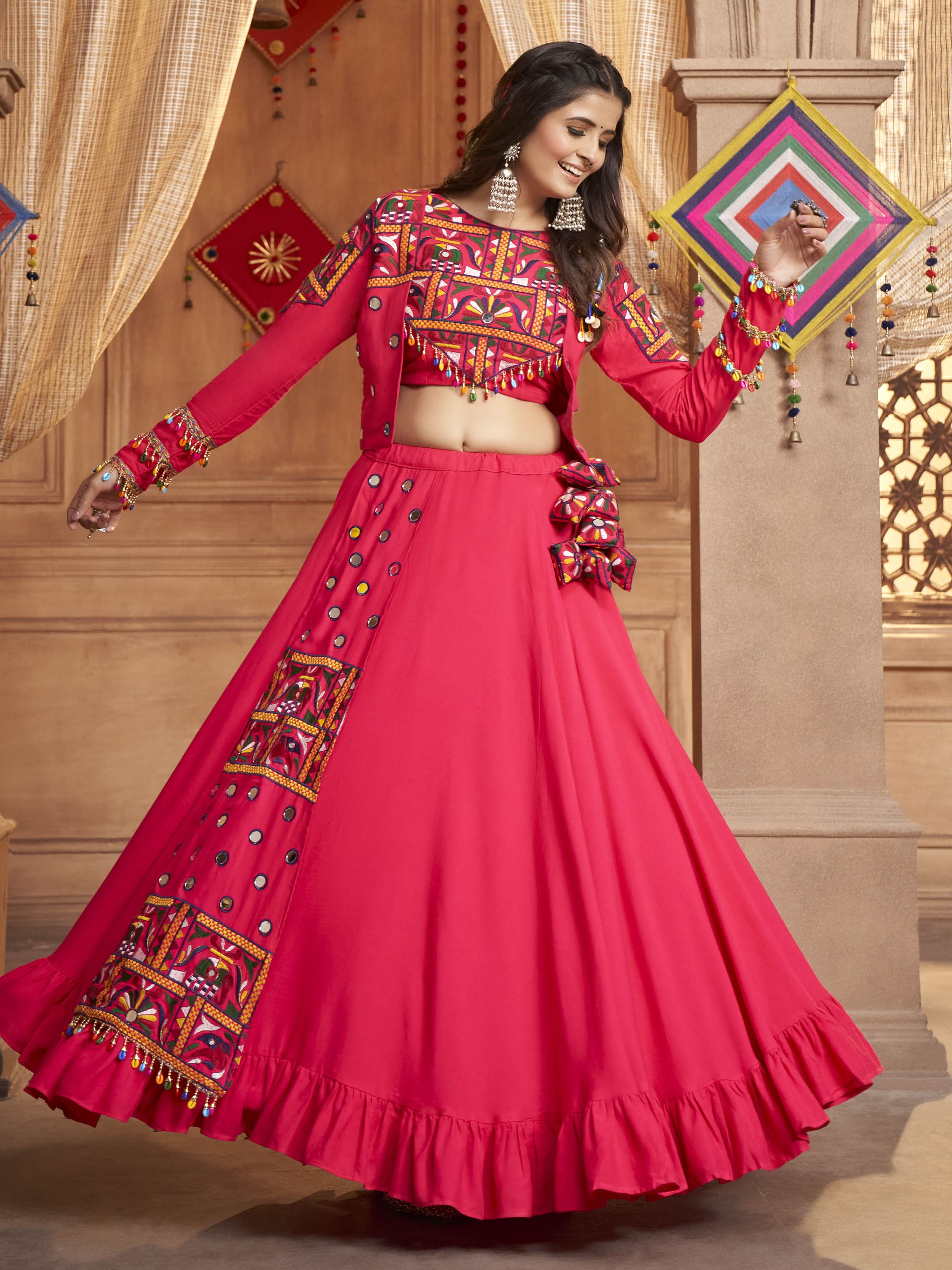 Myra Rani and Pink Koti Style Viscose Rayon Embroidered Designer Navratri Special Lehenga - Distacart