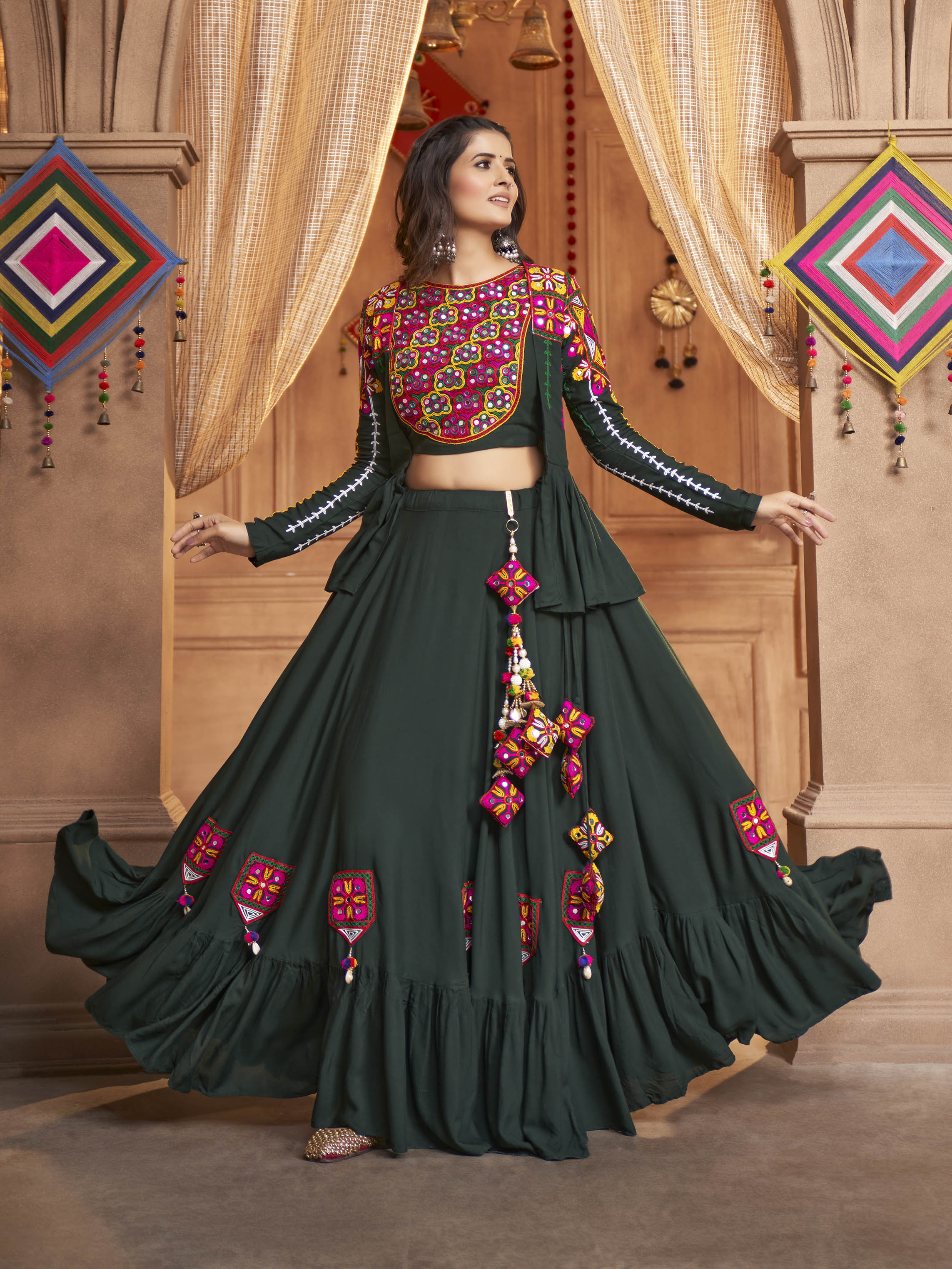 Myra Green Koti Style Viscose Rayon Embroidered Designer Navratri Special Lehenga - Distacart