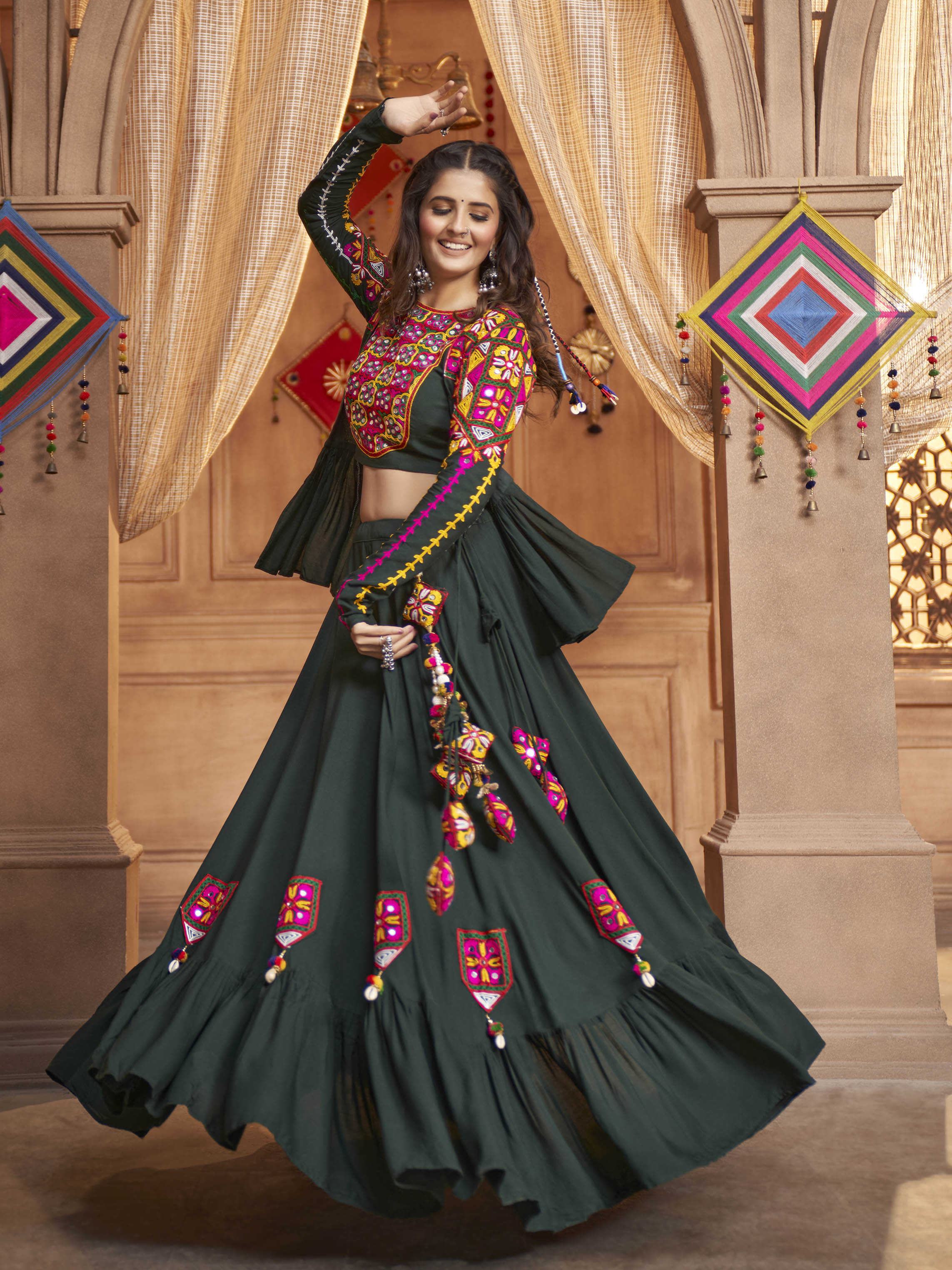 Myra Green Koti Style Viscose Rayon Embroidered Designer Navratri Special Lehenga - Distacart