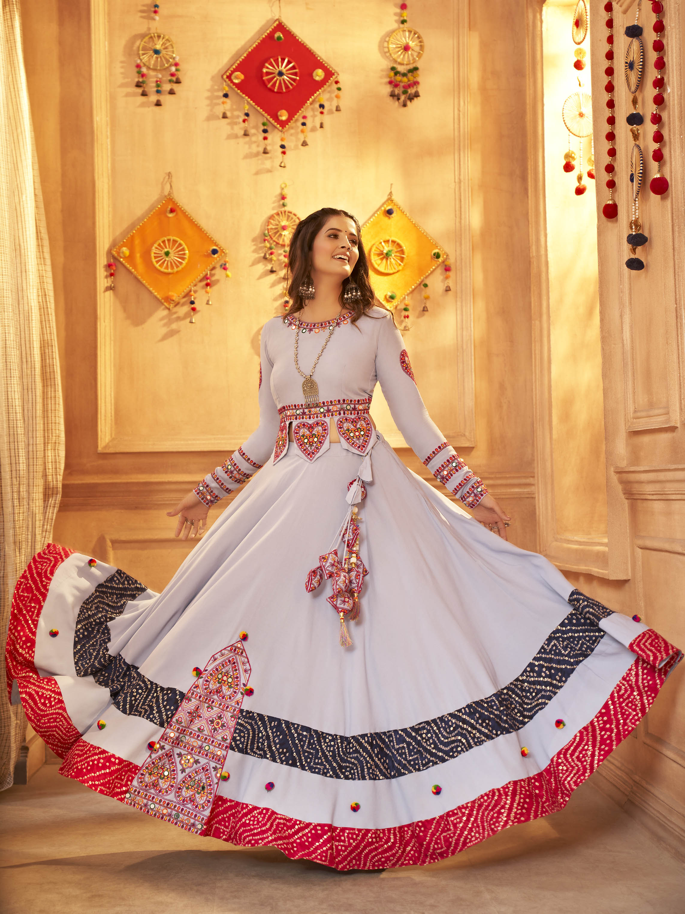 Myra Sky Viscose Rayon Embroidered Designer Navratri Special Lehenga - Distacart