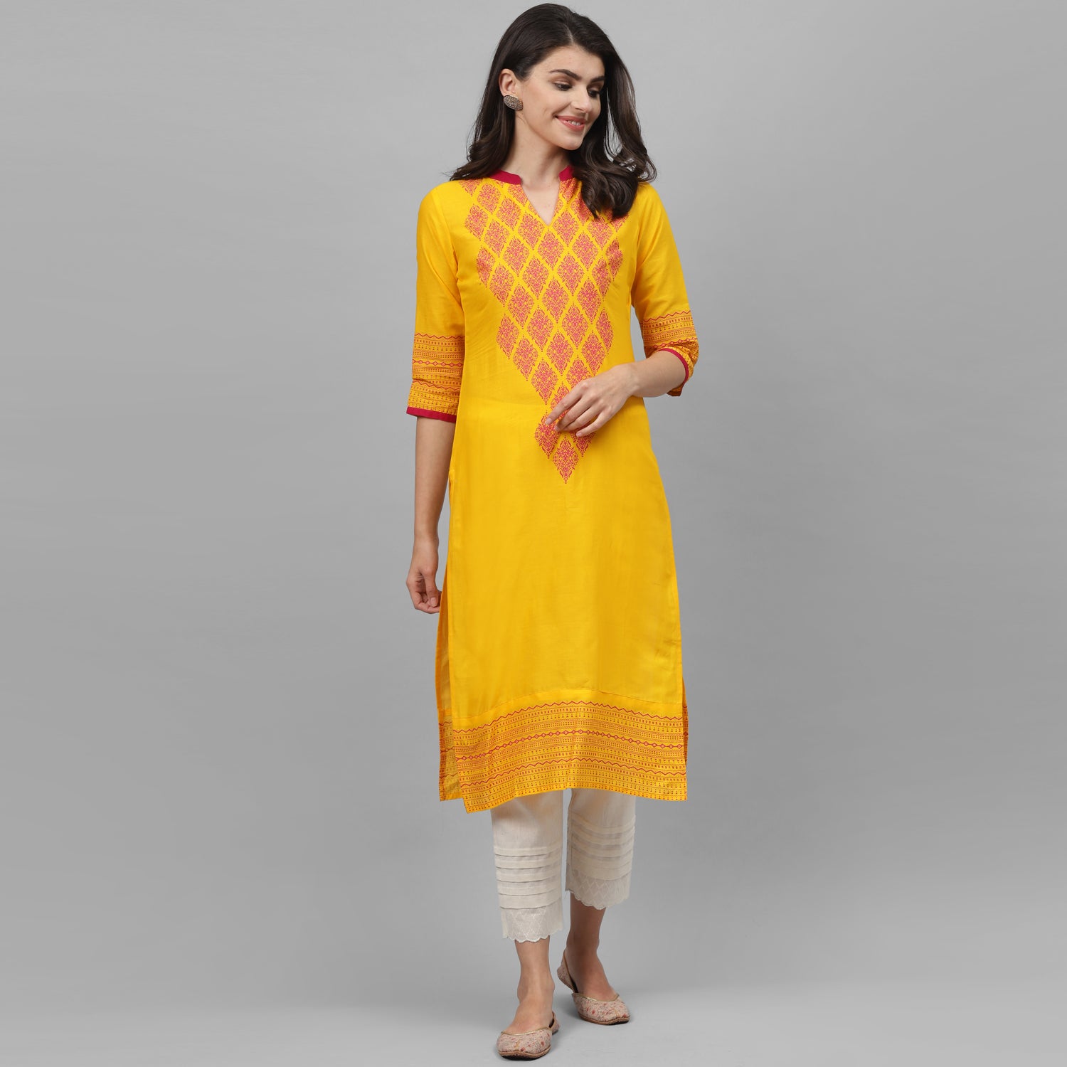 Maai Rayon Hand Printed Kurta Yellow - Distacart