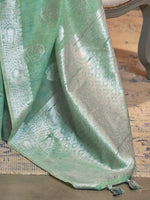 Thumbnail for Mitera Women Green Floral Zari Pure LinenWoven Design Festive Saree With Matching Blouse - Distacart