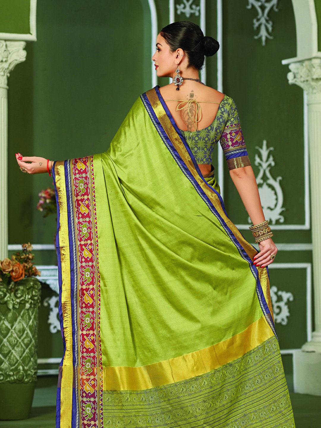 Mitera Olive Green & Blue Zari Pure Silk Banarasi Saree - Distacart