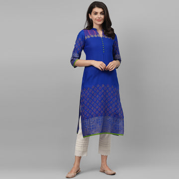Maai Rayon Hand Printed Kurta Blue - Distacart