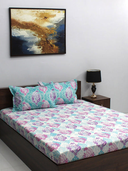 BOMBAY DYEING Pink & Blue Ethnic Motifs Cotton 110 TC Queen Bedsheet With 2 Pillow Covers - Distacart