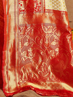 Thumbnail for Mitera Off White & Red Ethnic Motifs Zari Silk Blend Kanjeevaram Saree - Distacart