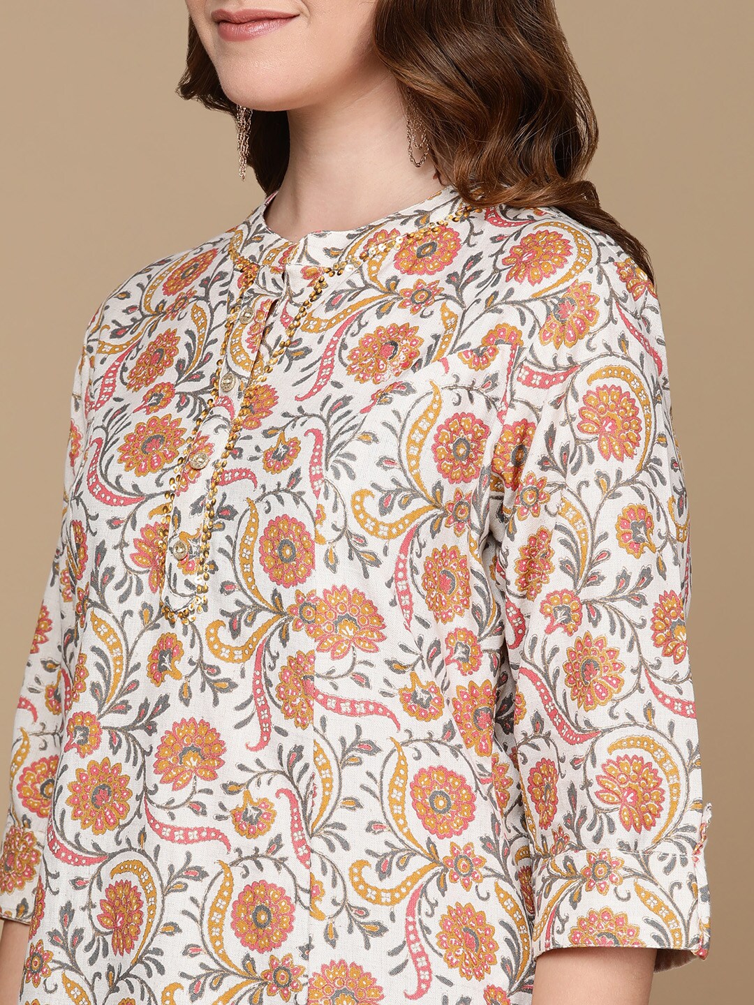 HERE&NOW White & Yellow Floral Printed Sequined Cotton Kurta - Distacart