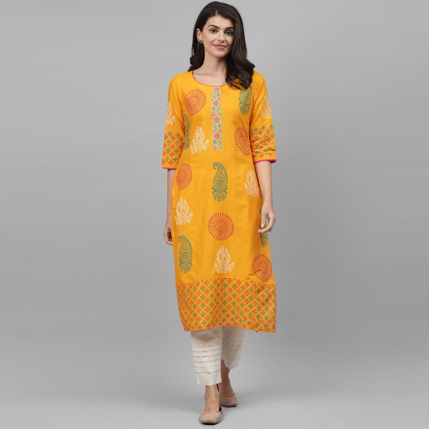 Maai Rayon Hand Printed Kurta Yellow - Distacart