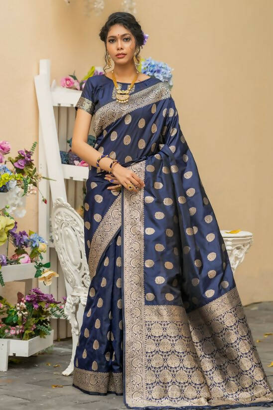 Vishnu Weaves Women's Navy Blue Banarasi Silk Floral Zari Woven Saree with Unstitched Blouse - Distacart