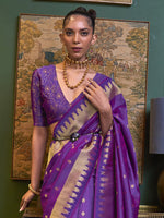 Thumbnail for Mitera Purple & Gold-Toned Ethnic Motifs Zari Silk Blend Kanjeevaram Saree - Distacart