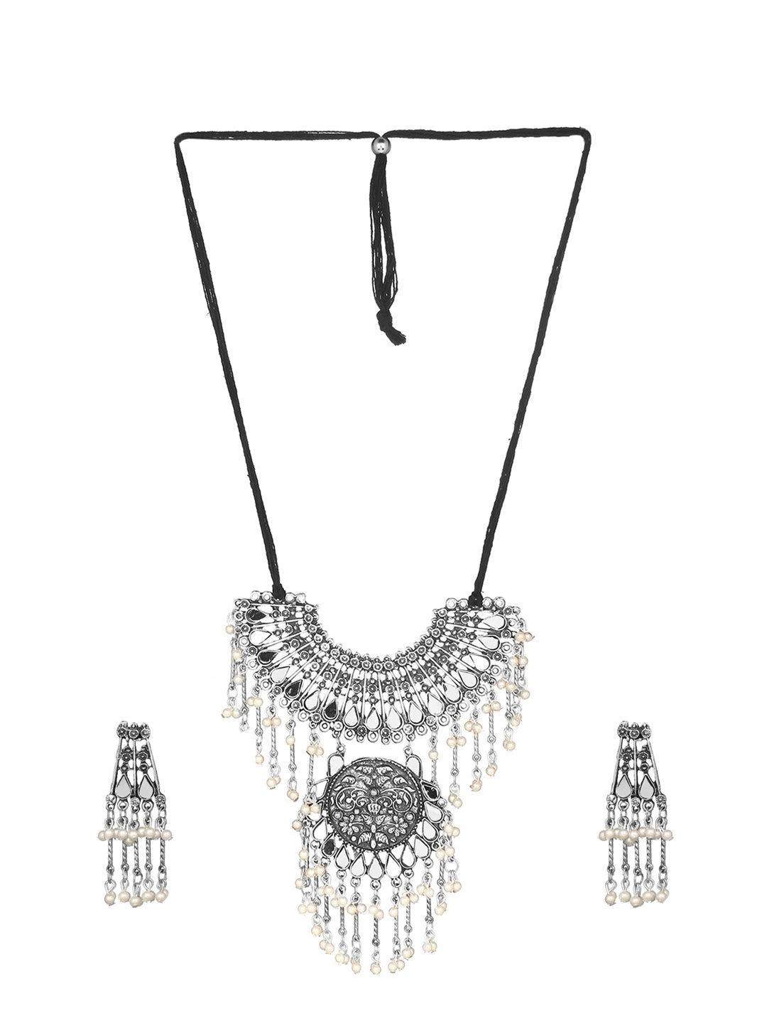 Cardinal Silver-Toned Mirror Studded & Beaded Oxidised Choker Jewellery Set - Distacart