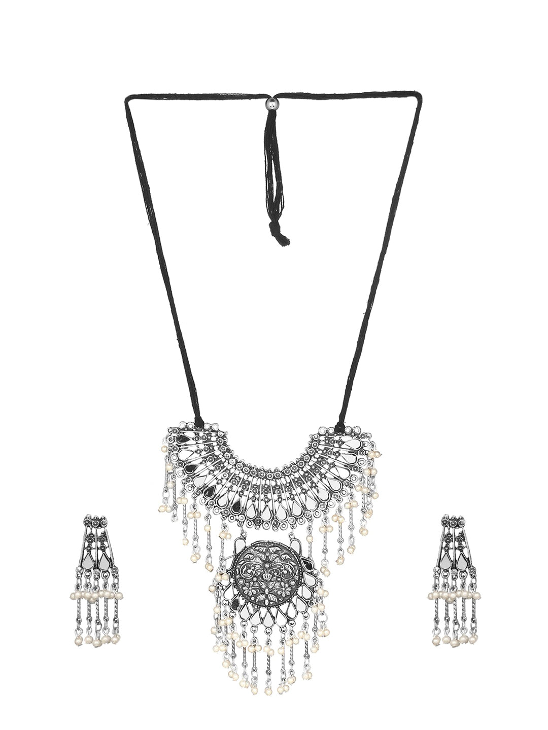 Cardinal Silver-Toned Mirror Studded & Beaded Oxidised Choker Jewellery Set - Distacart
