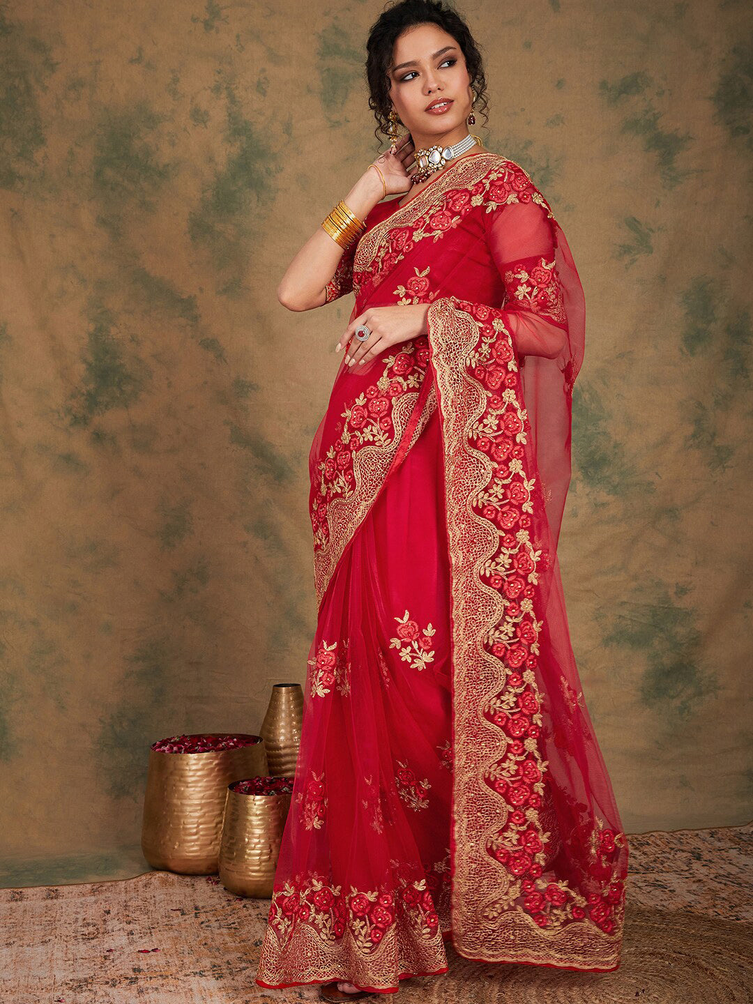 Sangria Ethnic Motifs Embroidered Net Saree - Distacart