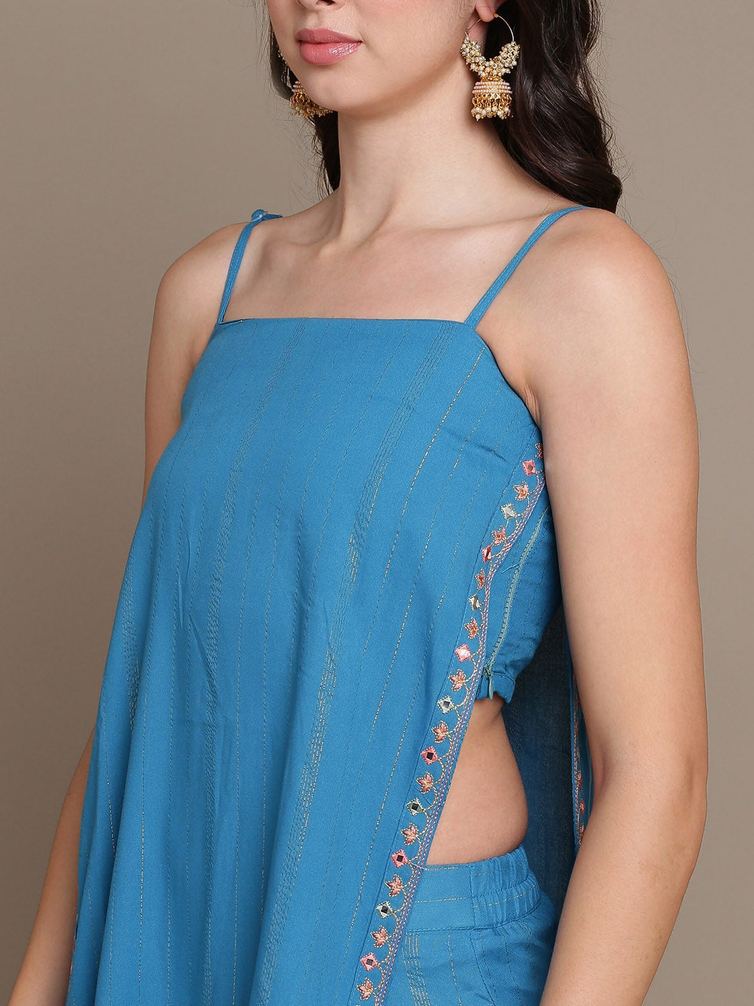 HERE&NOW Striped Mirror Work High Slit Kurta with Palazzos - Distacart